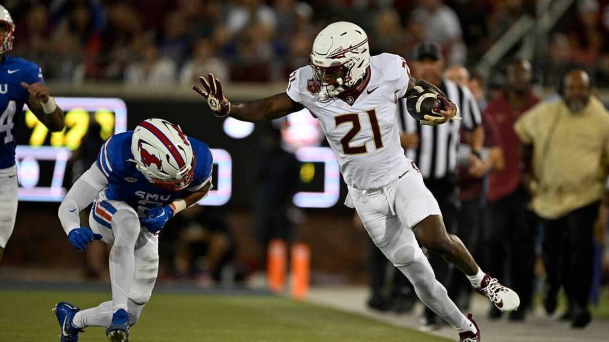  Sep 28, 2024; Dallas, Texas, USA; Southern Methodist Mustangs safety Jonathan McGill (2) and Florida State Seminoles wide receiver Darion Williamson (21) in action during the game between the Southern Methodist Mustangs and the Florida State Seminoles at Gerald J. Ford Stadium. Mandatory Credit: Jerome Miron-Imagn Images | USA TODAY Sports via Reuters Connect 