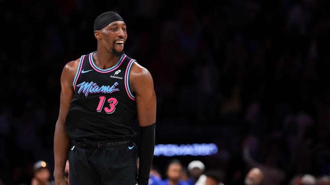  Mar 30, 2026; Miami, Florida, USA; Miami Heat center Bam Adebayo (13) reacts after scoring against the Philadelphia 76ers during the fourth quarter at Kaseya Center. | Sam Navarro-Imagn Images 