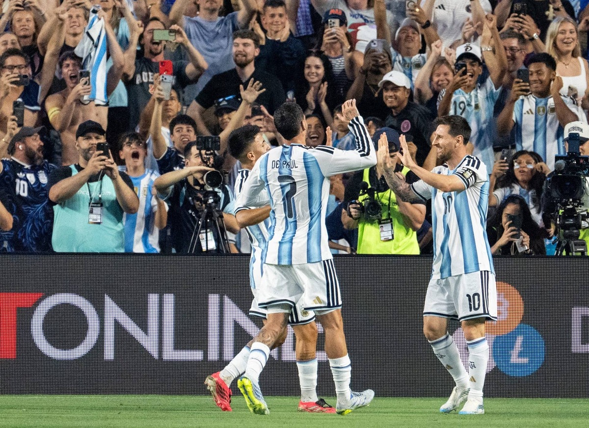  Argentina forward Lionel Messi (10) celebrates a goal. USA TODAY Network via Reuters Connect