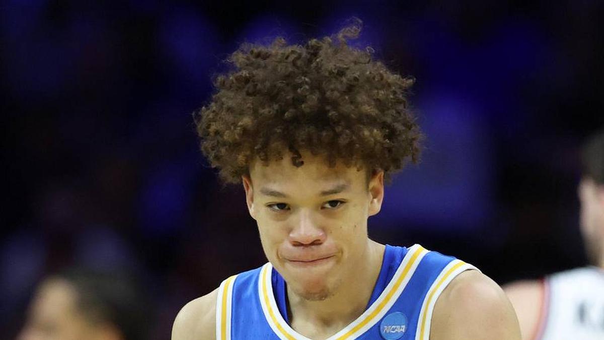  Mar 22, 2026; Philadelphia, PA, USA; UCLA Bruins guard Trent Perry (0) reacts against the UConn Huskies in the first half during a second round game of the men's 2026 NCAA Tournament at Xfinity Mobile Arena. Mandatory Credit: Bill Streicher-Imagn Images | Bill Streicher-Imagn Images 