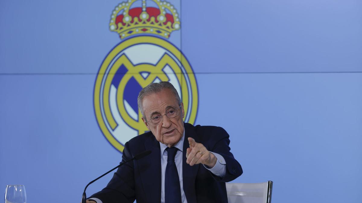 Fotografía de Juanjo Martín, en la que puede verse en una imagen de archivo del pasado 12 de mayo al presidente del Real Madrid, Florentino Pérez, durante una comparecencia pública. EFE