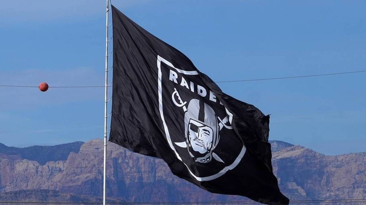  Nov 24, 2024; Paradise, Nevada, USA; A Las Vegas Raiders flag near Allegiant Stadium. Mandatory Credit: Kirby Lee-Imagn Images | Kirby Lee-Imagn Images 