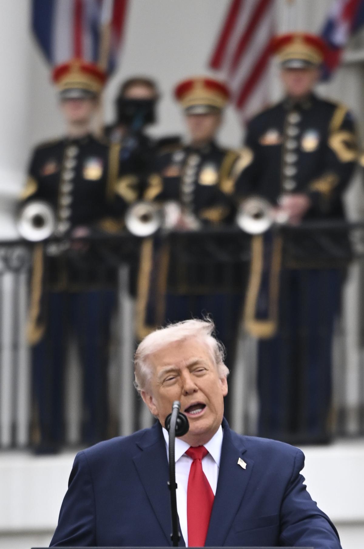 President Donald Trump speaks as King Charles III listens during an arrival ceremony on the South Lawn of the White House in Washington, on Tuesday, April 28, 2026. (Kenny Holston/The New York Times)