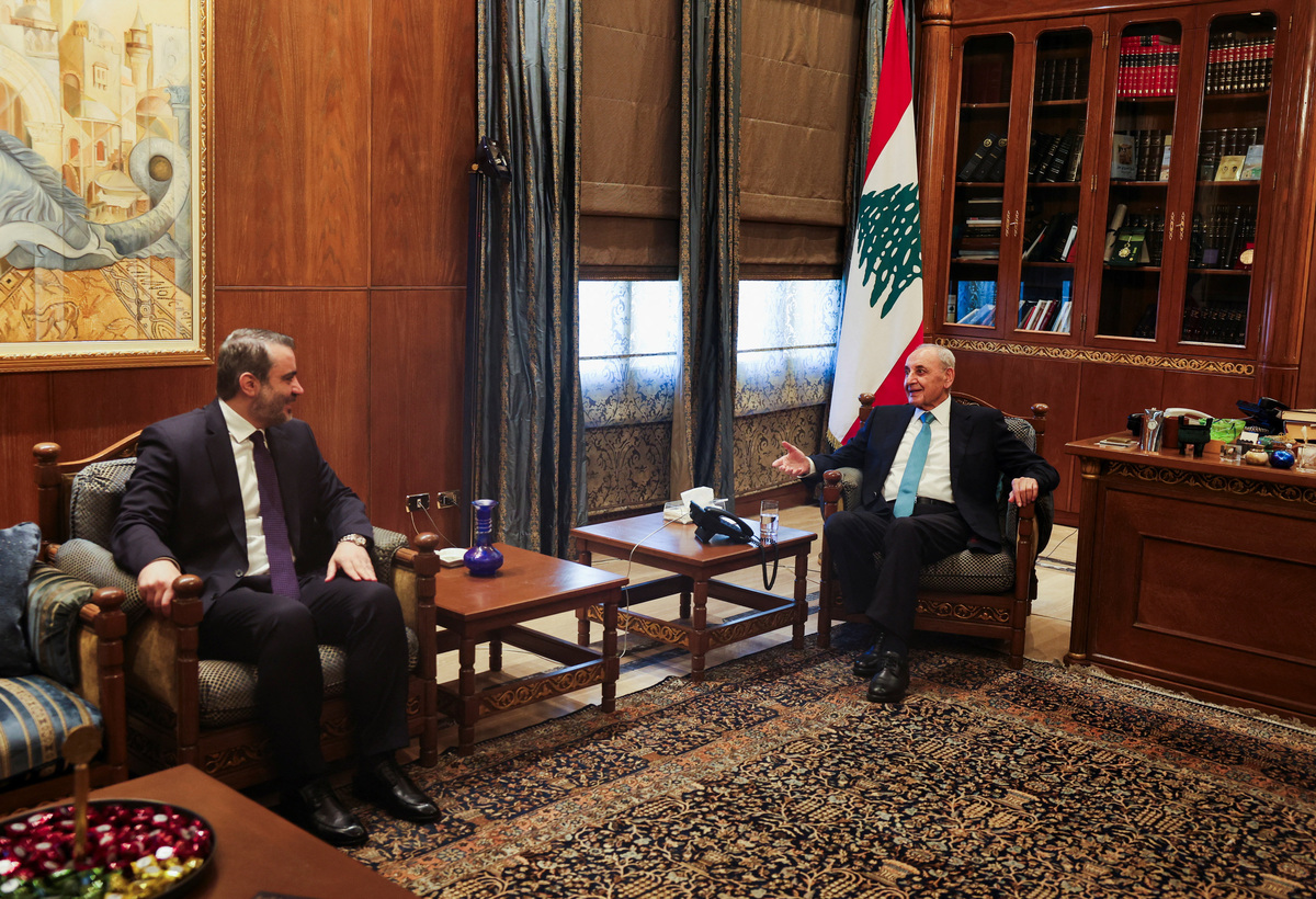 Lebanese Parliament Speaker Nabih Berri meets with Syrian Foreign Minister Asaad Al-Shaibani in Beirut, Lebanon, July 2, 2026. REUTERS/Mohamed Azakir