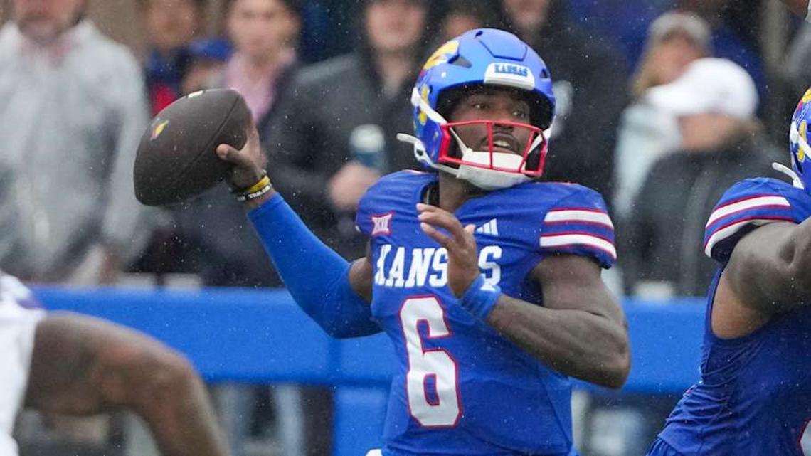  Oct 25, 2025; Lawrence, Kansas, USA; Kansas Jayhawks quarterback Jalon Daniels (6) throws a pass against the Kansas State Wildcats during the first half of the game at David Booth Kansas Memorial Stadium. Mandatory Credit: Denny Medley-Imagn Images | Denny Medley-Imagn Images 