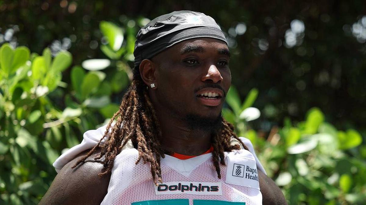 Jun 2, 2026; Miami Gardens, FL, USA; Miami Dolphins center Aaron Brewer (55) speaking to media after mini camp at Baptist Health Training Complex. Mandatory Credit: Isabella Frias-Imagn Images | Isabella Frias-Imagn Images 