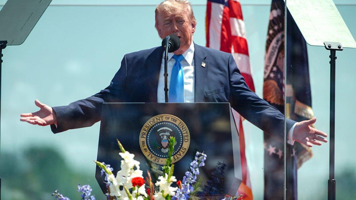 President Donald Trump delivers the commencement address during the United States Coast Guard Academy's graduation ceremony Wednesday in New London, Conn. Photo by Angelina Katsanis/UPI