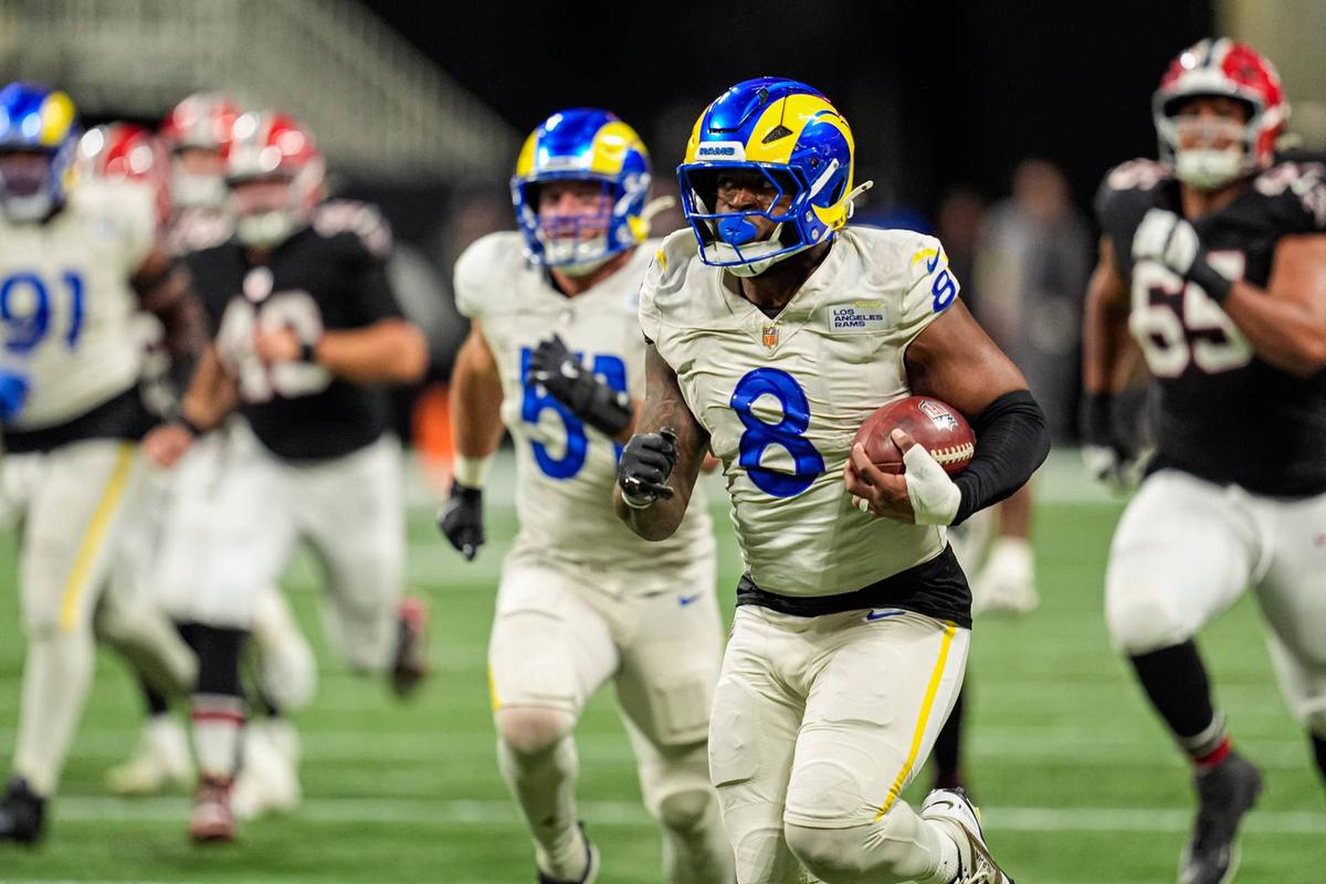  Dec 29, 2025; Atlanta, Georgia, USA; Los Angeles Rams linebacker Jared Verse (8) blocks a Atlanta Falcons field goal and returns it for a touchdown during the second half at Mercedes-Benz Stadium. Mandatory Credit: Dale Zanine-Imagn Images 