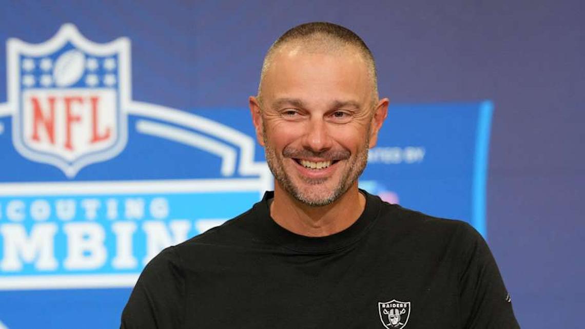  Feb 24, 2026; Indianapolis, IN, USA; Las Vegas Raiders general manager John Spytek speaks at the NFL Scouting Combine at the Indiana Convention Center. Mandatory Credit: Kirby Lee-Imagn Images | Kirby Lee-Imagn Images 