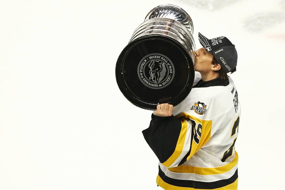  Former Pittsburgh Penguins goalie Marc-Andre Fleury (29) skates with the Stanley Cup. Aaron Doster-Imagn Images