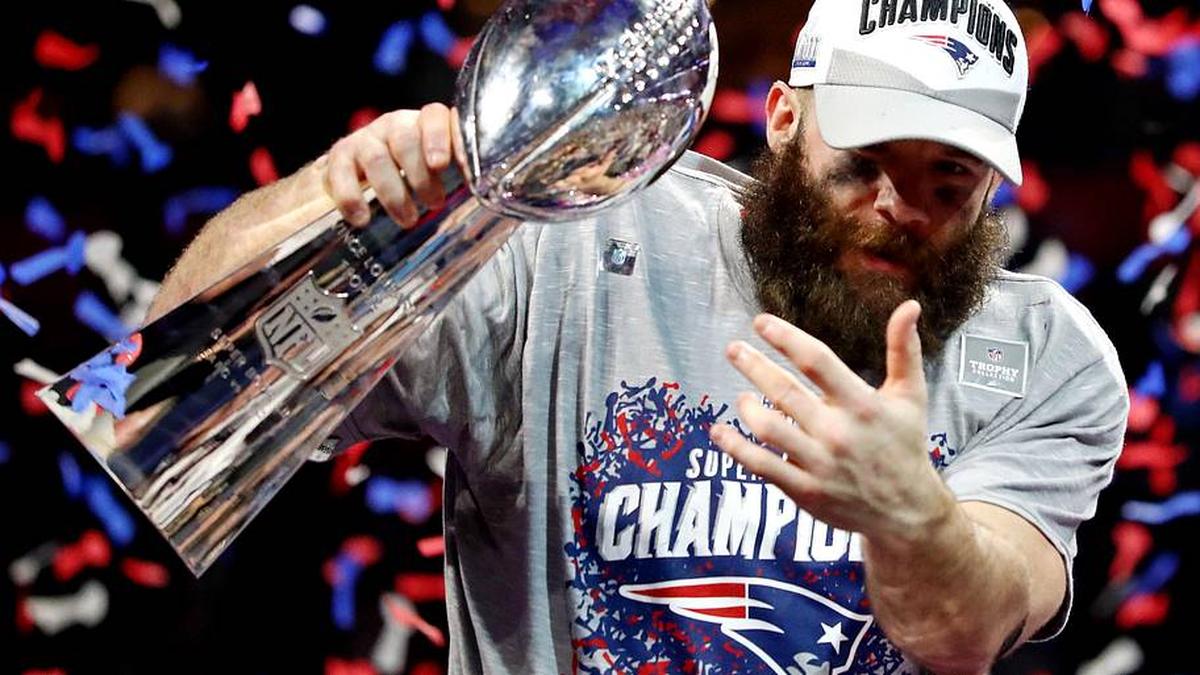  Feb 3, 2019; Atlanta, GA, USA; New England Patriots wide receiver Julian Edelman (11) celebrates with the Vince Lombardi Trophy after beating the Los Angeles Rams in Super Bowl LIII at Mercedes-Benz Stadium. Mandatory Credit: Matthew Emmons-Imagn Images | Matthew Emmons-Imagn Images 