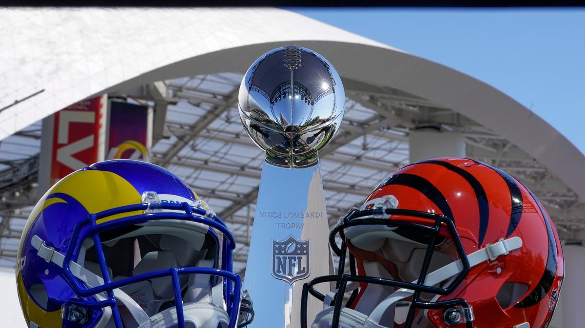The Vince Lombardi Trophy is seen before NFL Commissioner Roger Goodell addresses the media at a news conference Wednesday, Feb. 9, 2022, in Inglewood, Calif. (AP Photo/Morry Gash)