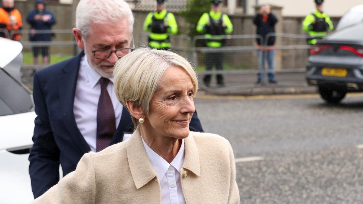 Eleanor Donaldson, co-accused and wife of Jeffrey Donaldson, former leader of the Democratic Unionist Party (DUP) charged with historical sex offences, arrives at Newry Magistrates Court for a preliminary enquiry, in Newry, Northern Ireland, July 3, 2024. REUTERS/Damien Eagers