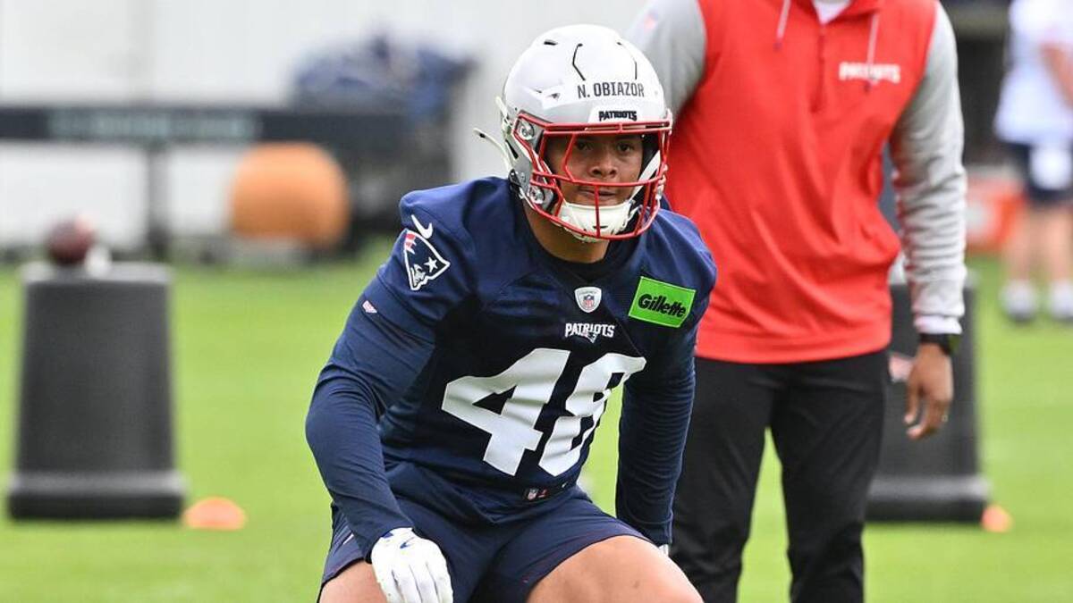  May 9, 2026; Foxborough, MA, USA; New England Patriots linebacker Namdi Obiazor (48) does a drill with running back Myles Montgomery (39) during the New England Patriots rookie camp at Gillette Stadium. Mandatory Credit: Eric Canha-Imagn Images | Eric Canha-Imagn Images 