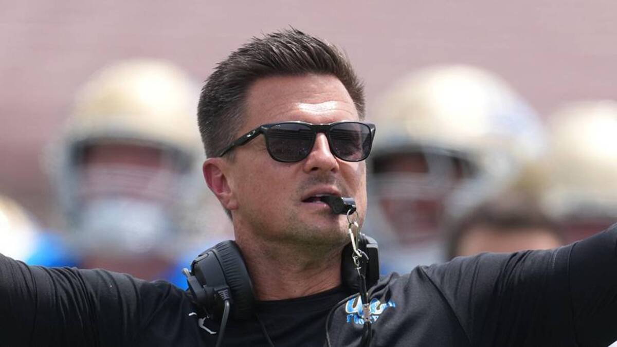  May 2, 2026; Pasadena, CA, USA; UCLA Bruins coach Bob Chesney reacts during the spring game at Rose Bowl. Mandatory Credit: Kirby Lee-Imagn Images | Kirby Lee-Imagn Images 