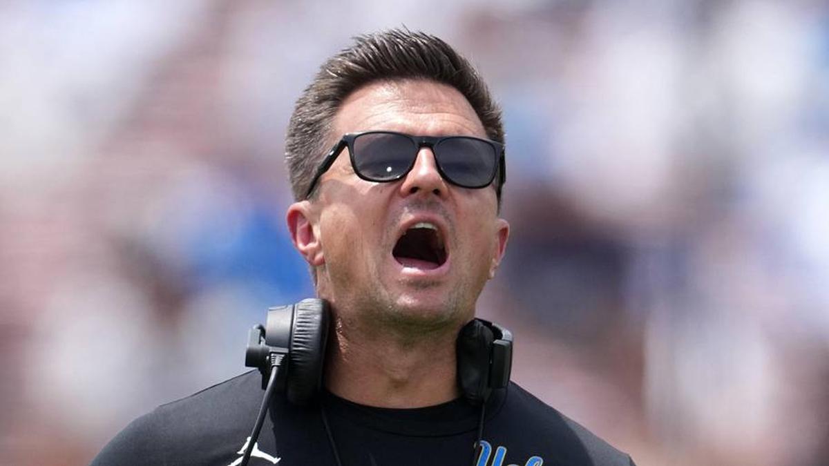  May 2, 2026; Pasadena, CA, USA; UCLA Bruins coach Bob Chesney reacts during the spring game at Rose Bowl. Mandatory Credit: Kirby Lee-Imagn Images | Kirby Lee-Imagn Images 