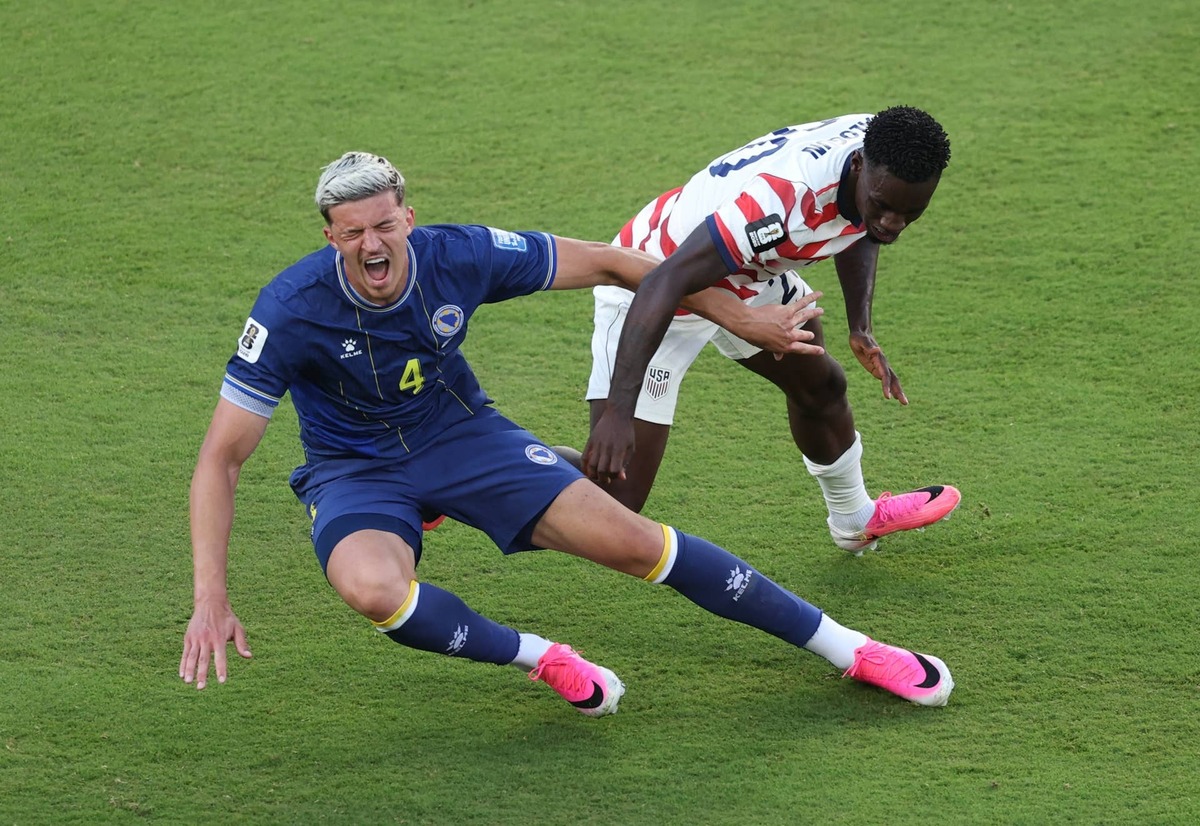  Folarin Balogun #20 of the United States fouls Tarik Muharemovic #4 of Bosnia and Herzegovina which is later reviewed by VAR and awarded as a red card foul a during the FIFA World Cup 2026 Round of 32 match between USA and Bosnia and Herzegovina at San Francisco Bay Area Stadium on July 01, 2026 in Santa Clara, California. (Photo by Michael Steele/Getty Images) Photo by Michael Steele/Getty Images