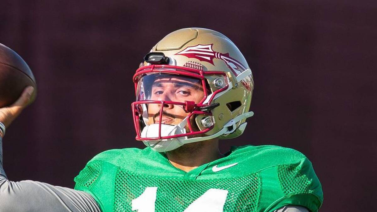  Florida State Seminoles quarterback Ashton Daniels (14) winds up to pass Thursday, April 9, 2026. | USA TODAY Network via Reuters Connect 