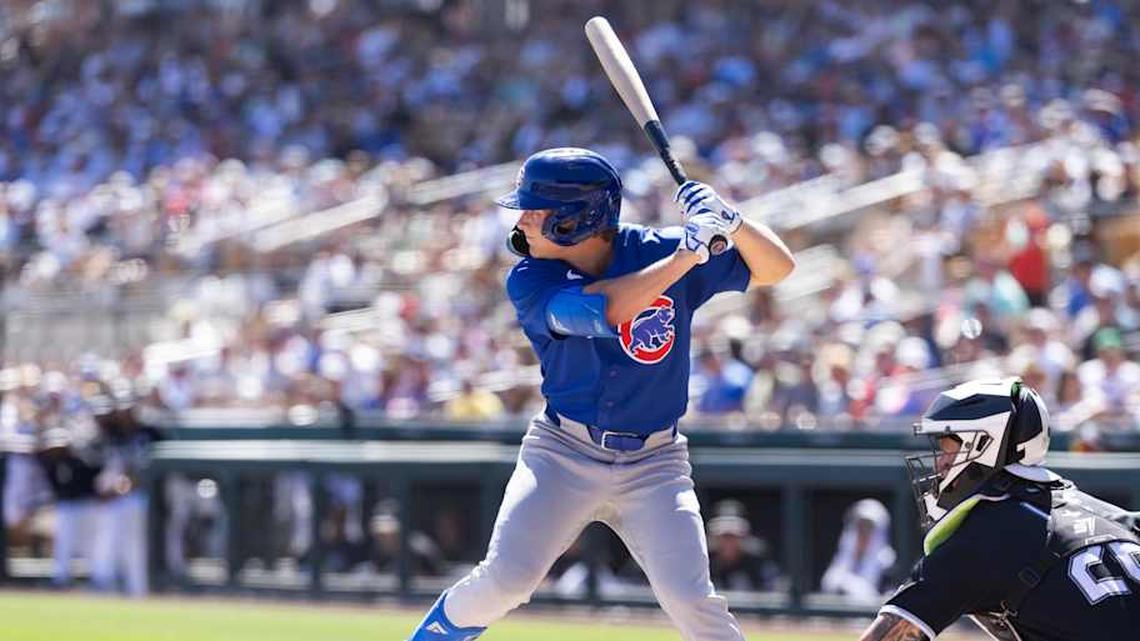  Mar 13, 2026; Phoenix, Arizona, USA; Chicago Cubs outfielder Kane Kepley against the Chicago White Sox during a spring training game at Camelback Ranch-Glendale. | Mark J. Rebilas-Imagn Images 