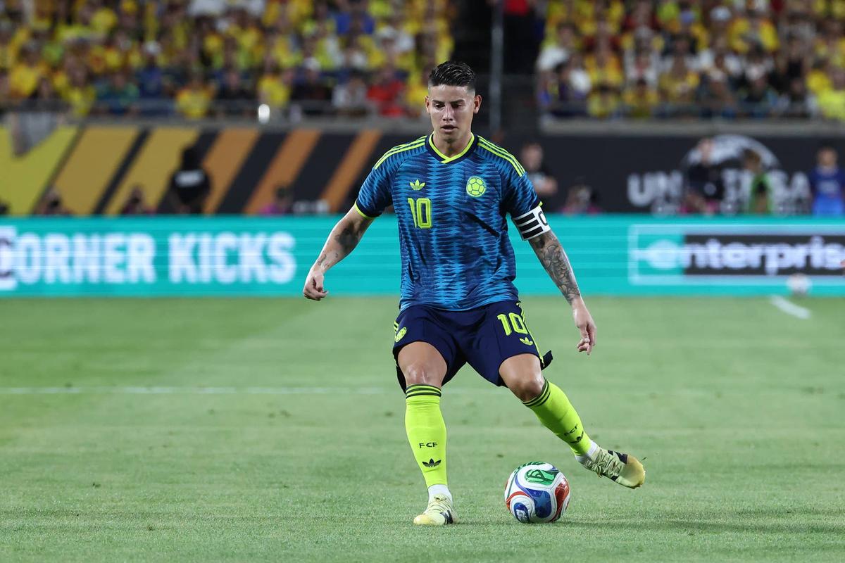  Colombia midfielder James Rodriguez prepares to ball the ball in the first half during the Road to 26 match between Colombia and Croatia on Thursday, March 26, 2026 at Camping World Stadium in Orlando, FL (Photo by Peter Joneleit/Icon Sportswire via Getty Images)