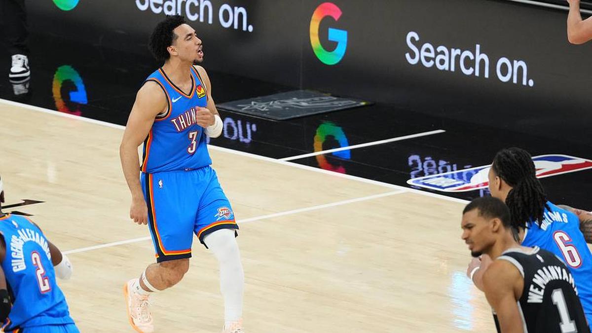  Thunder guard Jared McCain reacts against the Spurs in Game 3 of the Western Conference finals. | Scott Wachter-Imagn Images 