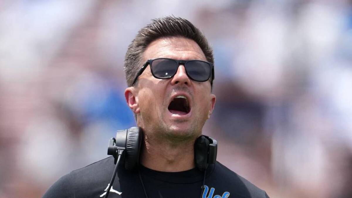  May 2, 2026; Pasadena, CA, USA; UCLA Bruins coach Bob Chesney reacts during the spring game at Rose Bowl. Mandatory Credit: Kirby Lee-Imagn Images | Kirby Lee-Imagn Images 