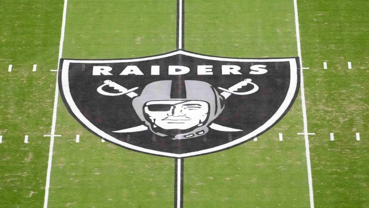  Jan 4, 2026; Paradise, Nevada, USA; The Las Vegas Raiders shield logo at midfield at Allegiant Stadium. Mandatory Credit: Kirby Lee-Imagn Images | Kirby Lee-Imagn Images 