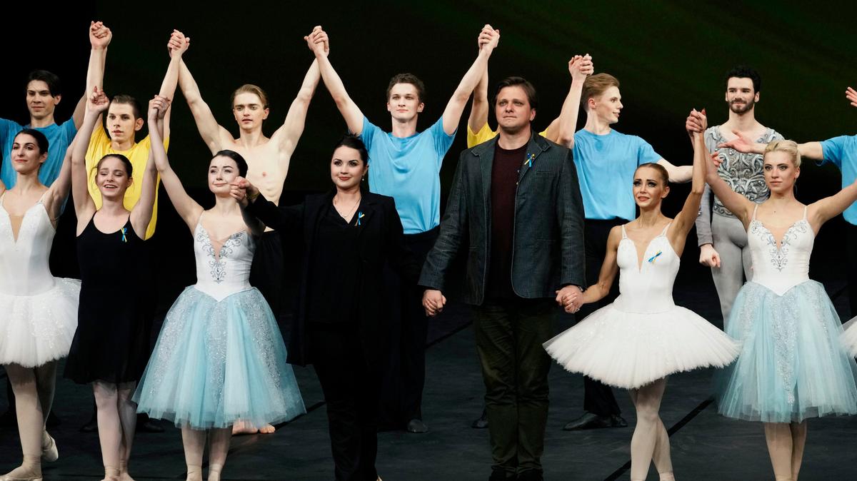 The Kyiv City Ballet welcomes applause after its performance in Paris on March 8. The ballet company, which begin a tour one day before the invasion of Ukraine and has not been able to return during the war, will perform at Bass Performance Hall in Fort Worth on Monday, Oct. 3 as part of its U.S. tour.