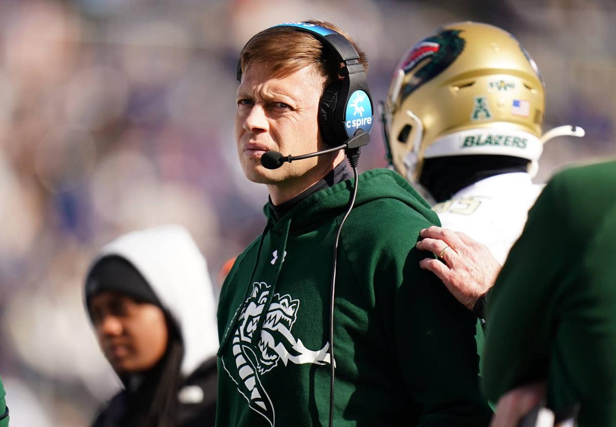  UAB coach Alex Mortensen watches from the sideline as the Blazers take on the UConn Huskies in East Hartford, Connecticut, on Nov. 1, 2025. David Butler II-Imagn Images