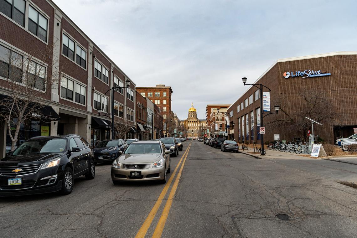  Cars are seen on a street in downtown Des Moines, Iowa, on April 15, 2022. 