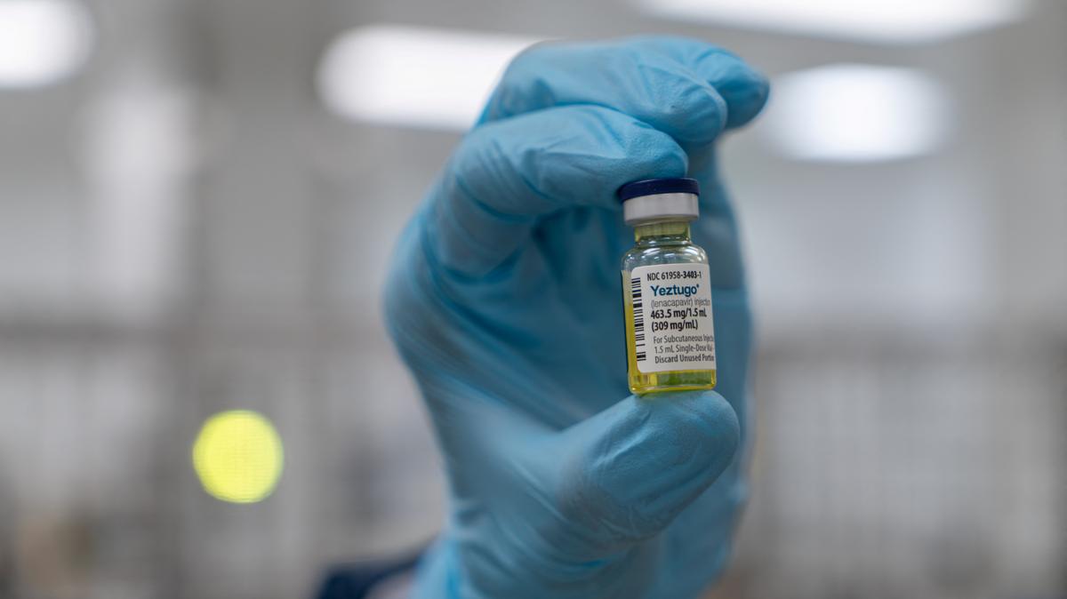 A vial of Gilead Sciences’ Yeztugo injection for the prevention of HIV infection is held in an undated image obtained by Reuters from Gilead on April 30, 2026. The image was taken at the company's headquarters in Foster City, California, U.S. Gilead Sciences/Handout via REUTERS
