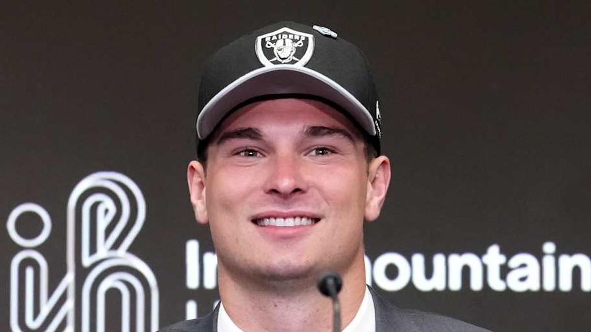  Apr 24, 2026; Henderson, NV, USA; Las Vegas Raiders quarterback Fernando Mendoza speaks at introductory press conference at Intermountain Health Performance Center after being selected as the No. 1 pick in the 2026 NFL Draft. Mandatory Credit: Kirby Lee-Imagn Images | Kirby Lee-Imagn Images 