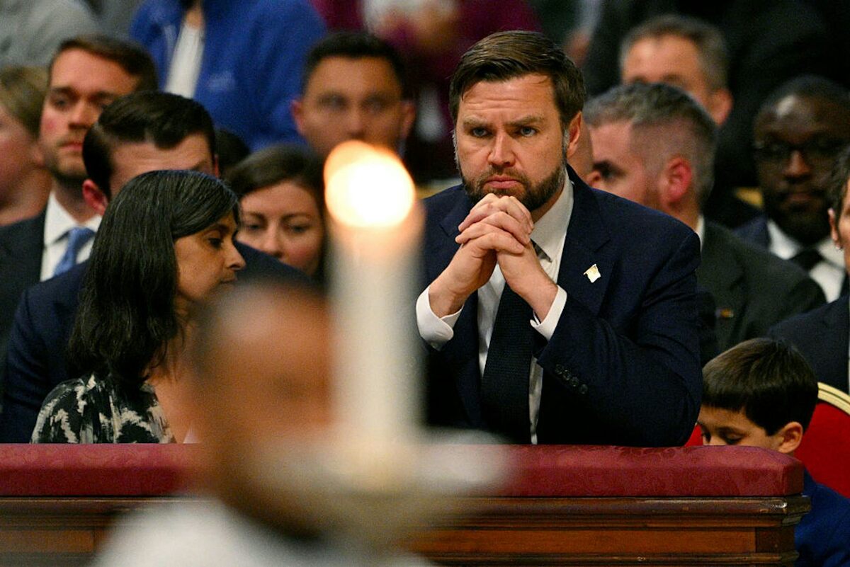  U.S. Vice President JD Vance and his wife, Usha Vance, attend services at St. Peter's Basilica in the Vatican on Good Friday, April 18, 2025. Andreas Solaro/AFP via Getty Images 