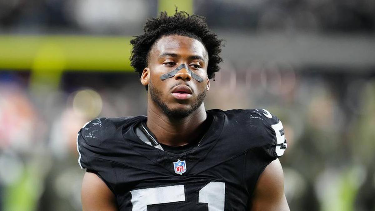  Nov 17, 2025; Paradise, Nevada, USA; Las Vegas Raiders defensive end Malcolm Koonce (51) reacts after the game against the Dallas Cowboys at Allegiant Stadium. Mandatory Credit: Stephen R. Sylvanie-Imagn Images | Stephen R. Sylvanie-Imagn Images 