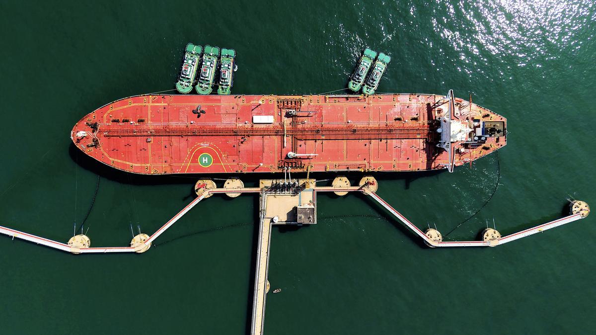 An oil tanker is docked unloading crude oil at the port in Qingdao, in China's eastern Shandong province, on April 7, 2026. (CN-STR/AFP/Getty Images/TNS)