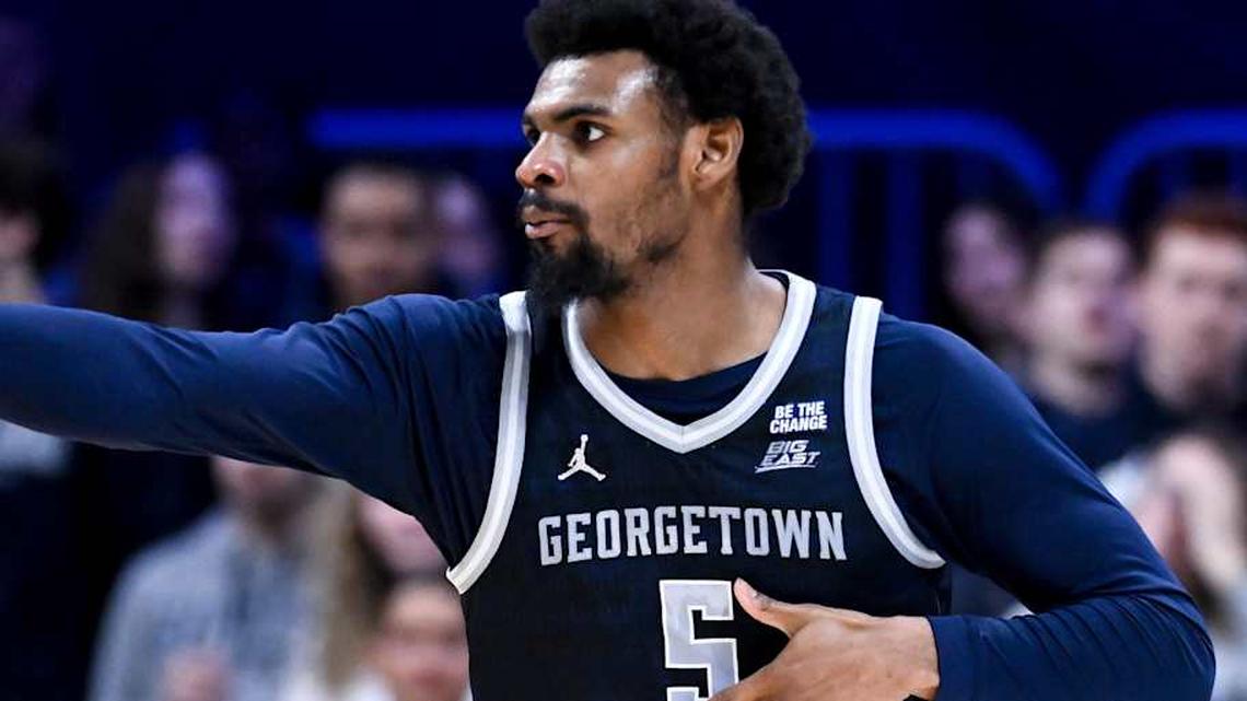  Jan 31, 2026; Indianapolis, Indiana, USA; Georgetown Hoyas guard KJ Lewis (5) celebrates after a play against the Butler Bulldogs during the first half at Hinkle Fieldhouse. Mandatory Credit: Robert Goddin-Imagn Images | Robert Goddin-Imagn Images 