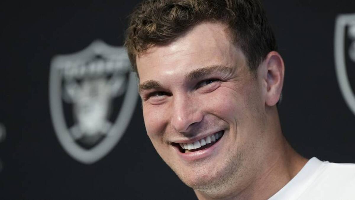  May 2, 2026; Henderson, NV, USA; Las Vegas Raiders quarterback Fernando Mendoza (15) speaks during a news conference at the team's Rookie Minicamp at Intermountain Health Performance Center. Mandatory Credit: Candice Ward-Imagn Images | Candice Ward-Imagn Images 