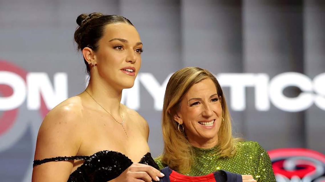  Apr 13, 2026; New York, NY, USA; WNBA Commissioner Cathy Engelbert (right) poses for photos with Angela Dugalic who was selected ninth overall by the Washington Mystics during the 2026 WNBA Draft at The Shed at Hudson Yards. Mandatory Credit: Brad Penner-Imagn Images | Brad Penner-Imagn Images 
