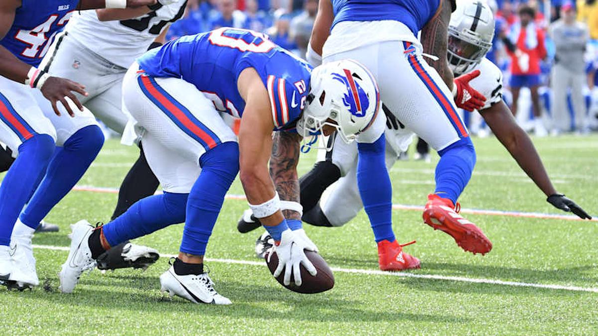  Sep 17, 2023; Orchard Park, New York, USA; Buffalo Bills safety Taylor Rapp (20) picks up a fumble by the Las Vegas Raiders in the fourth quarter at Highmark Stadium. Mandatory Credit: Mark Konezny-Imagn Images | Mark Konezny-Imagn Images 