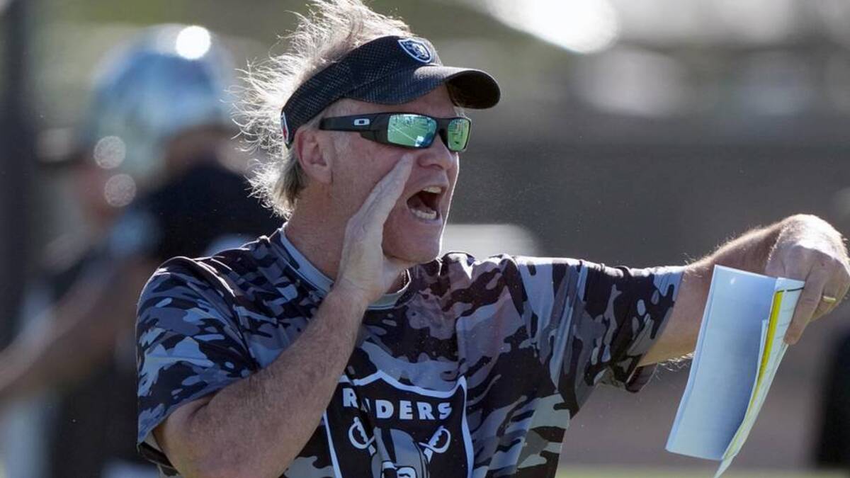  Jun 9, 2026; Henderson, NV, USA; Las Vegas Raiders special teams coordinator Joe DeCamillis during minicamp at Intermountain Health Performance Center. Mandatory Credit: Kirby Lee-Imagn Images | Kirby Lee-Imagn Images 