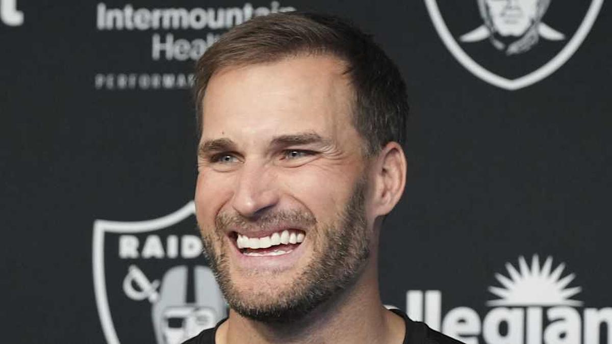  Apr 8, 2026; Las Vegas, NV, USA; Las Vegas Raiders quarterback Kirk Cousins speaks at a press conference at Intermountain Health Performance Center. Mandatory Credit: Candice Ward-Imagn Images | Candice Ward-Imagn Images 
