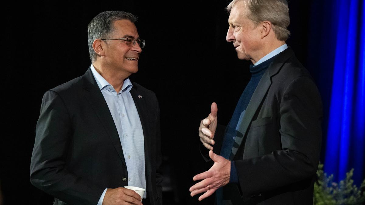 Candidates for governor former U.S. Health Secretary Xavier Becerra and environmentalist Tom Steyer attend a climate-focused forum at the Lineage Performing Arts Center in Pasadena on Wednesday evening, January 28, 2026. (Photo by Sarah Reingewirtz, Los Angeles Daily News/SCNG)