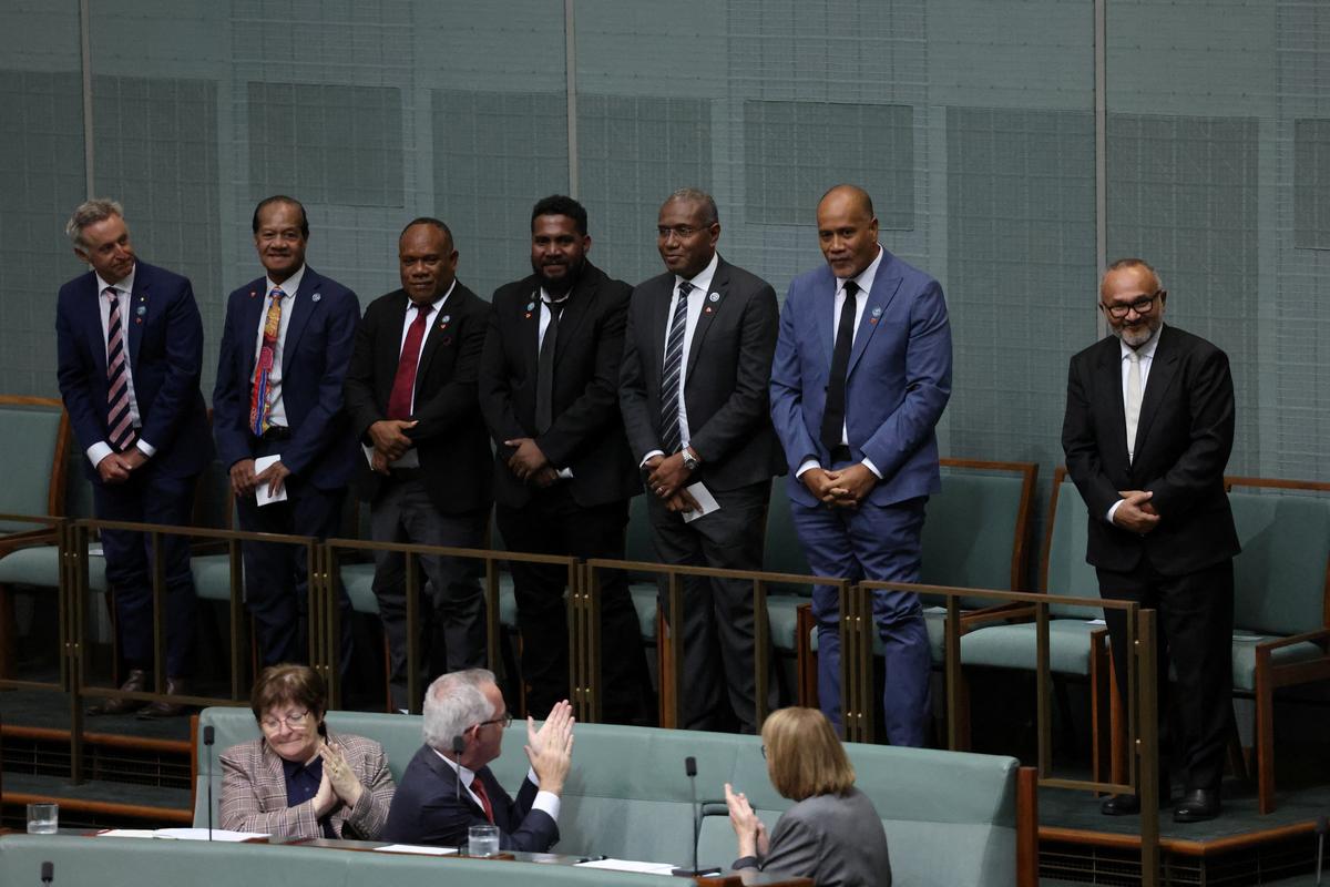 Solomon Islands Prime Minister Matthew Wale and his delegation are welcomed to the House of Representatives at Parliament House in Canberra, Australia, June 3, 2026. REUTERS/Hollie Adams