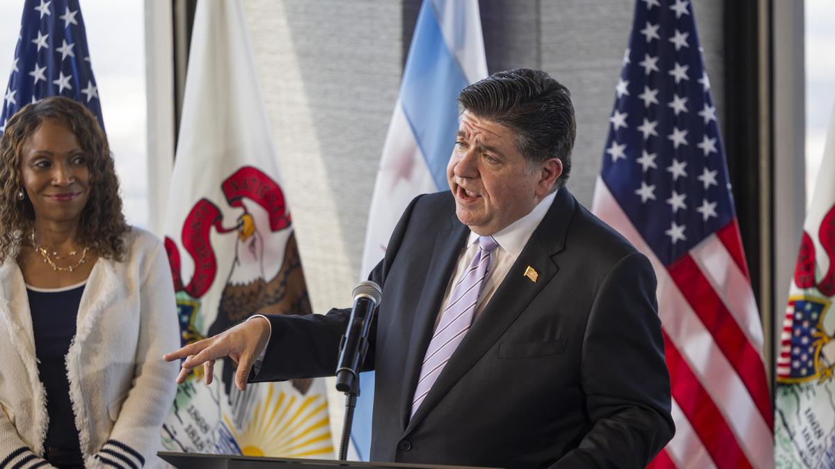 Gov. JB Pritzker answers a media question during a press conference to highlight the bid to bring the 2028 Democratic National Convention back to Chicago at 875 North Michigan Avenue, formerly known as the John Hancock Center, on May 13, 2026. (Eileen T. Meslar/Chicago Tribune/TNS)