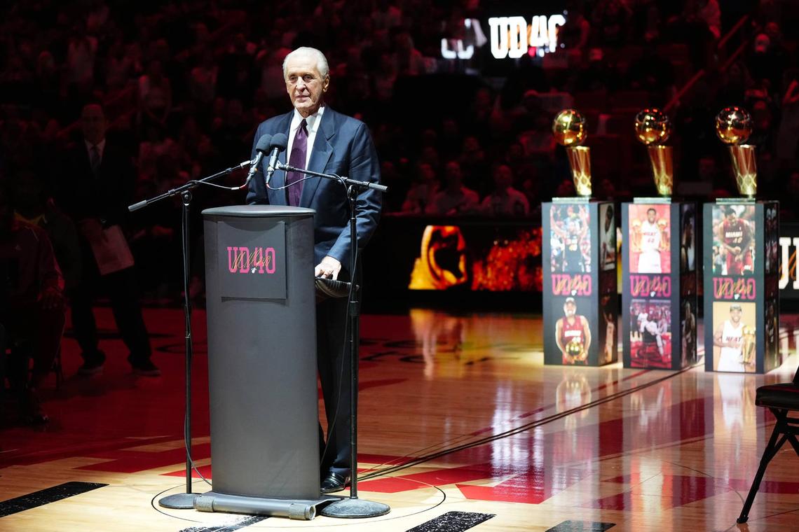  Miami Heat president Pat Riley speaks during the jersey retirement ceremony for former player Udonis Haslem 