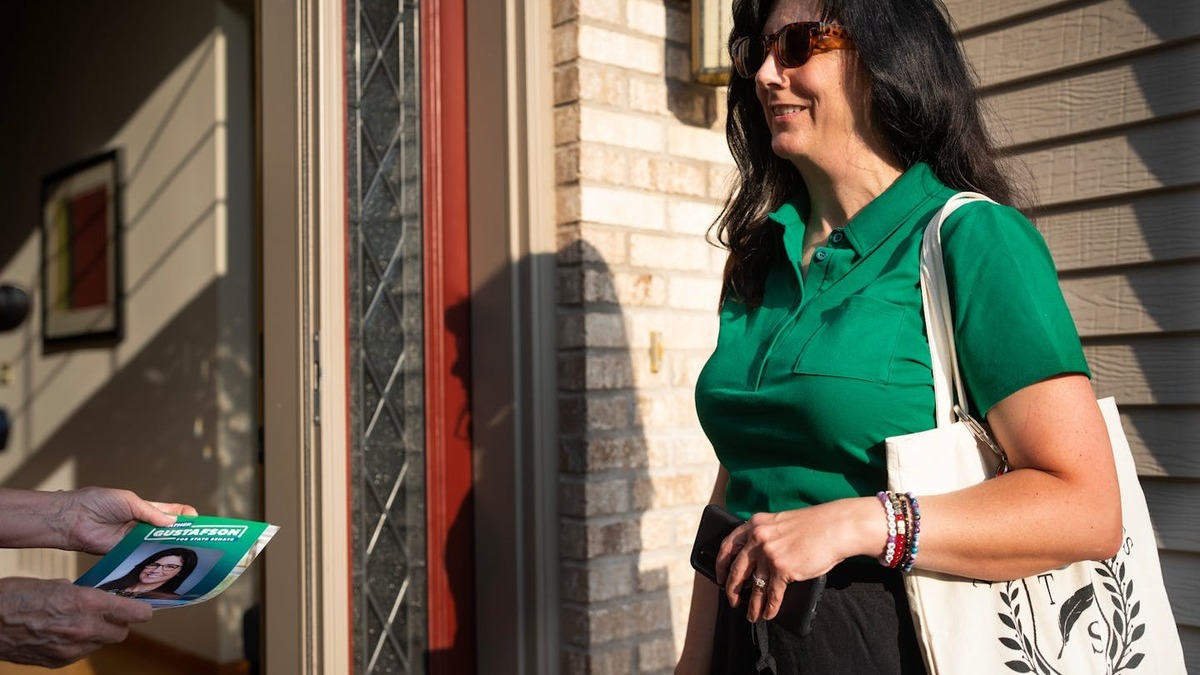 State Sen. Heather Gustafson, a first-termer in a swing district, did some door knocking in Lino Lakes, Minnesota, on Tuesday, July 9, 2024. (Jerry Holt/The Minnesota Star Tribune/TNS)
