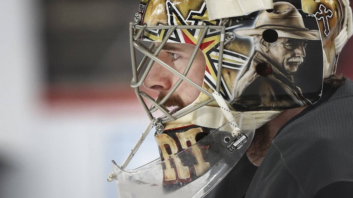 Vegas Golden Knights goaltender Carter Hart participates in the team's morning skate ahead of Game 2 of the Stanley Cup Final against the Carolina Hurricanes at Lenovo Center on June 4, 2026, in Raleigh, North Carolina. (Chase Stevens/Las Vegas Review-Journal/TNS)