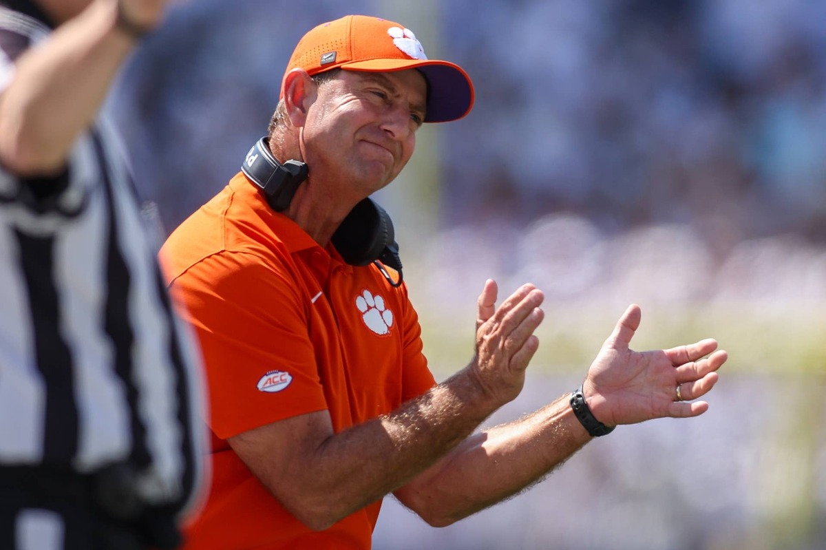  Sep 13, 2025; Atlanta, Georgia, USA; Clemson Tigers head coach Dabo Swinney on the sideline against the Georgia Tech Yellow Jackets in the first quarter at Bobby Dodd Stadium at Hyundai Field. Mandatory Credit: Brett Davis-Imagn Images 