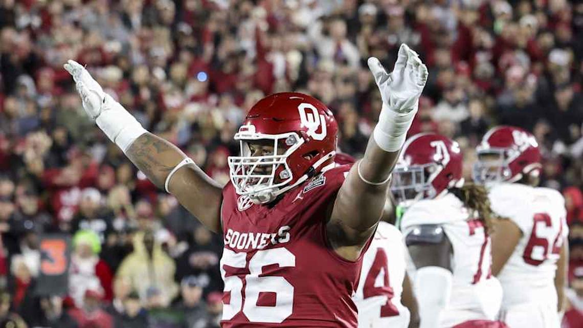  Dec 19, 2025; Norman, OK, USA; Oklahoma Sooners defensive lineman Gracen Halton (56) gestures in the first half against the Alabama Crimson Tide at Gaylord Family OK Memorial Stadium. Mandatory Credit: Nelson Chenault-Imagn Images | Nelson Chenault-Imagn Images 