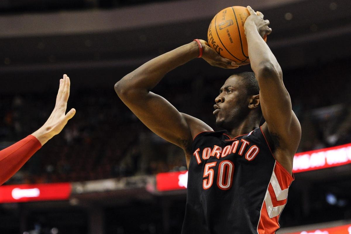 Apr 04, 2012; Philadelphia, PA, USA; Toronto Raptors center Solomon Alabi (50) shoots a jump shot during the fourth quarter against the Philadelphia 76ers at the Wells Fargo Center. The Raptors defeated the Sixers 99-78. Mandatory Credit: Howard Smith-USA TODAY Sports